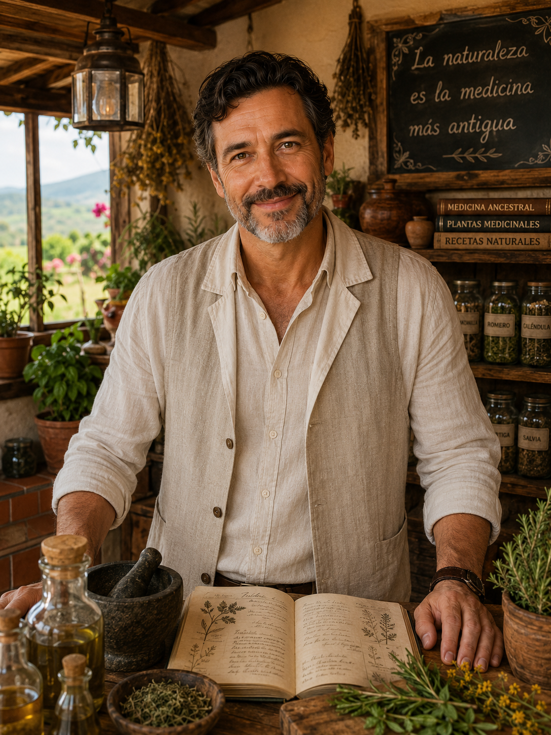 Don Mateo del Campo, personaje editorial, sentado en una cocina rural rodeado de hierbas secas, libros y un mortero