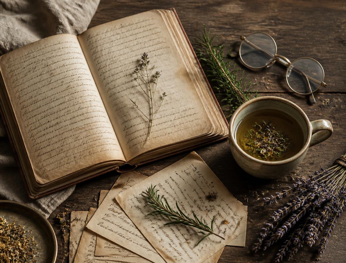 Cuaderno de recetas antiguo abierto sobre una mesa de madera con gafas, romero, una taza de infusión y manuscritos